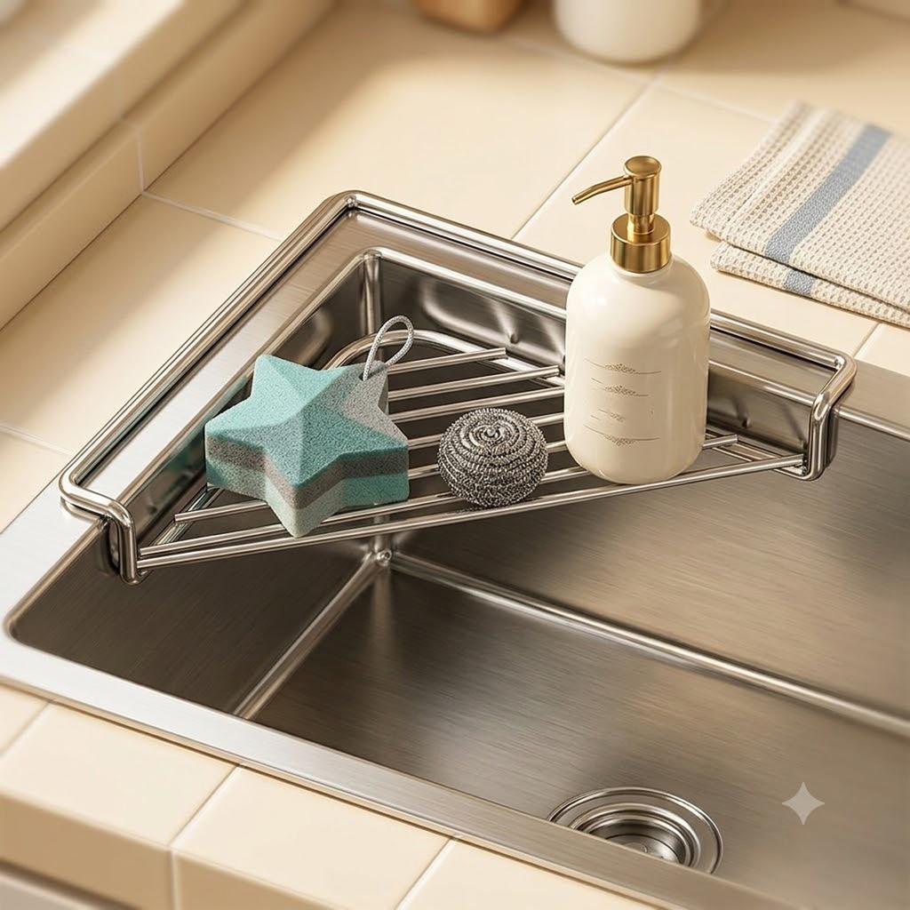 Stainless Steel Triangle Sink Caddy Rack Kitchen Sponge Dishcloth Drain Holder Space Saving Sink Edge Storage Organizer