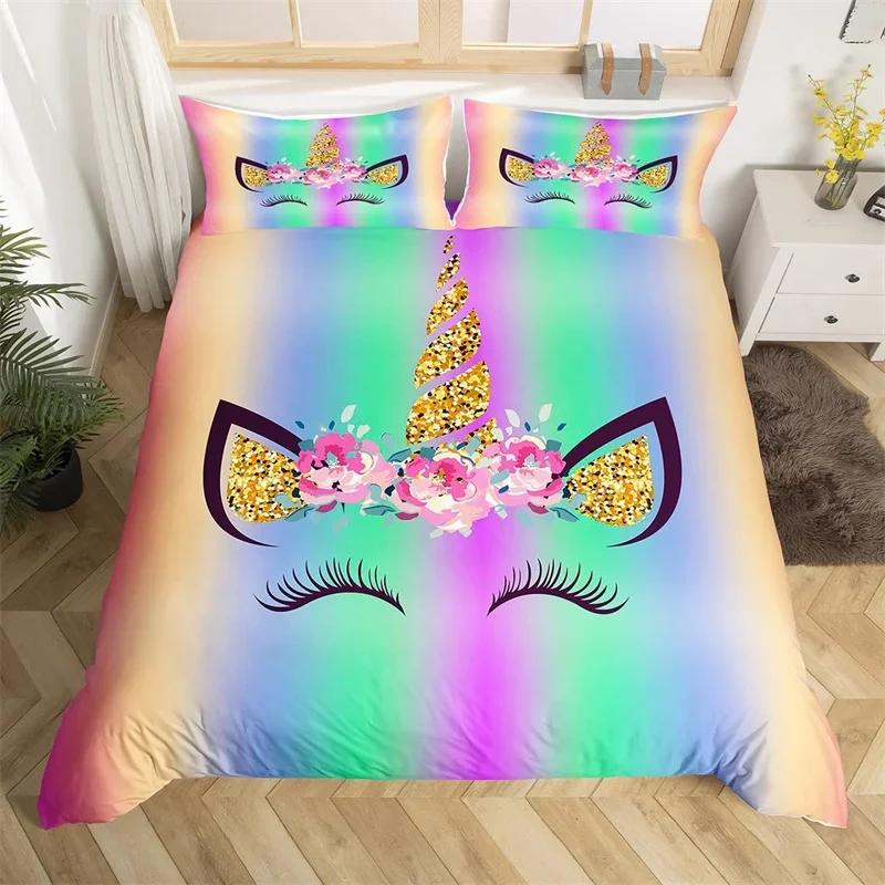 Cartoon Unicorn Duvet Cover Set Smile Eyelash King Bedding Set For Girls Woman Microfiber Mermaid Scale Floral Comforter Cover
