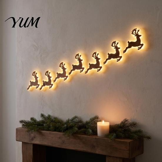 Christmas Indoor Lighted Decor 7Pcs Glowing Wooden Wall Silhouette Lights, LED Xmas Decor, Reindeer Holiday Decorations Santa Tree Gingerbread