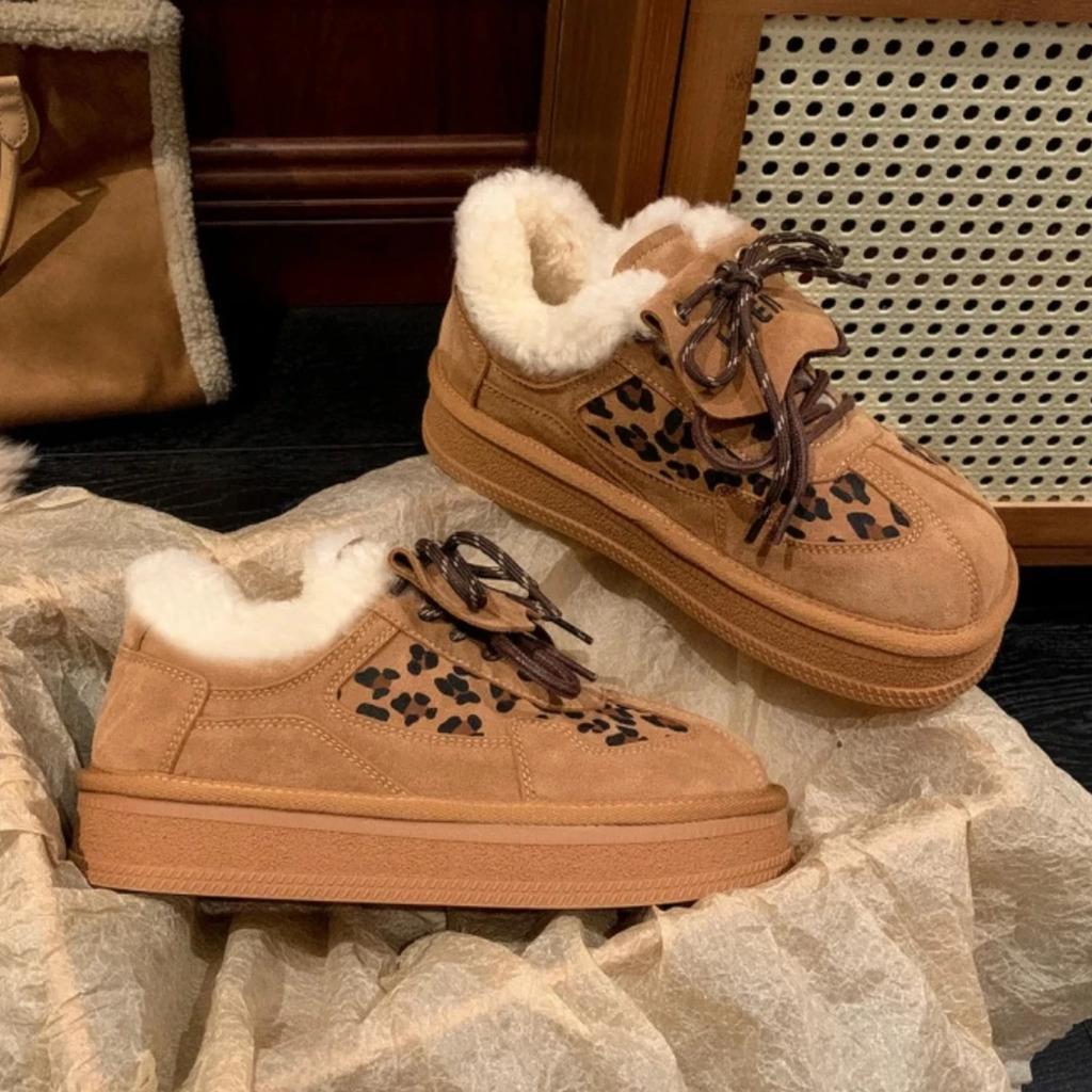 Leopard Fur Flats Women Platform Suede Shoes Warm Plush Cotton Shoes Snow Casual Sneakers Winter 2025 Trend Sport Botas Mujer