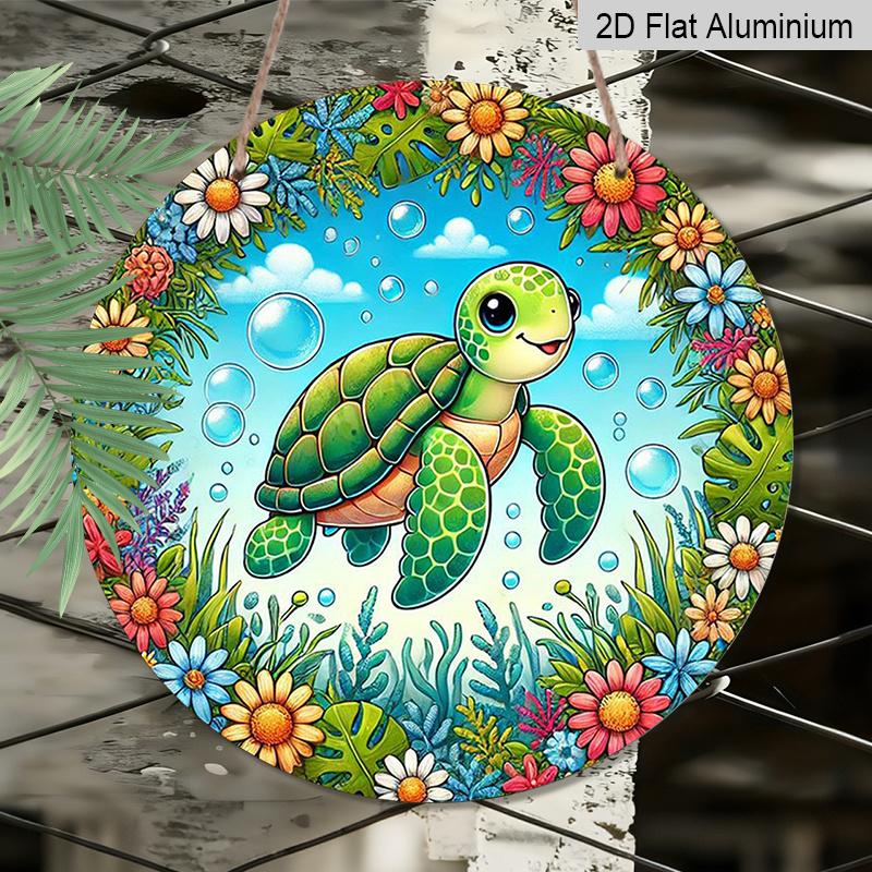 2D Flat - A 1pc 7.87*7.87In/20X20Cm 2D Flat Round Sign Featuring a Cute Cartoon Turtle And Floral Retro Decor, Representing Marine Life And