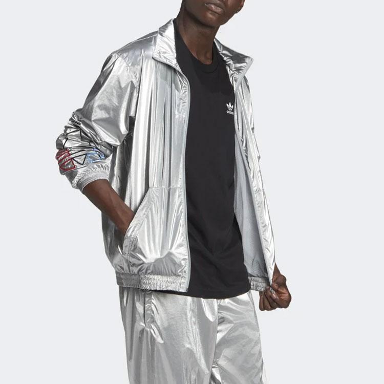 Adidas Блестящая спортивная куртка с вышитым логотипом Originals и воротником-стойкой, мужская верхняя одежда, серебристый GN4208