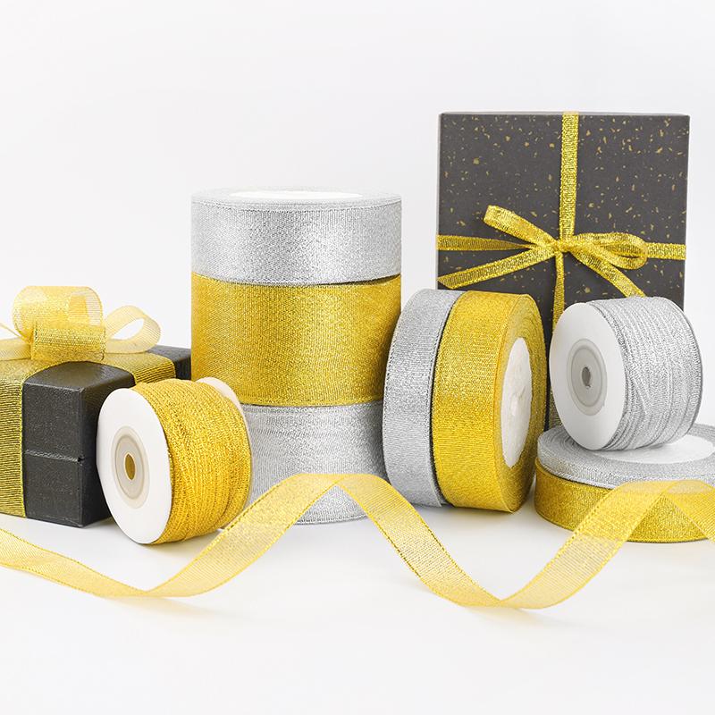 22meters/roll 6/10/15/20/25/40/50mm Gold Silver Glitter Ribbon Wedding Cake Gift Decoration Craft Supplies Organza DIY Ribbon
