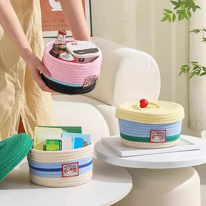 1 шт. с крышкой многофункциональная плетеная корзина для косметики и закусок, корзина для хранения вещей, плетеная эстетическая коробка для хранения 21x12 см