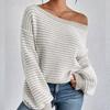 Women's Fall/Winter Loose One-line Shoulder Off-the-shoulder Knit Vintage Lantern Sleeve Striped Sweater