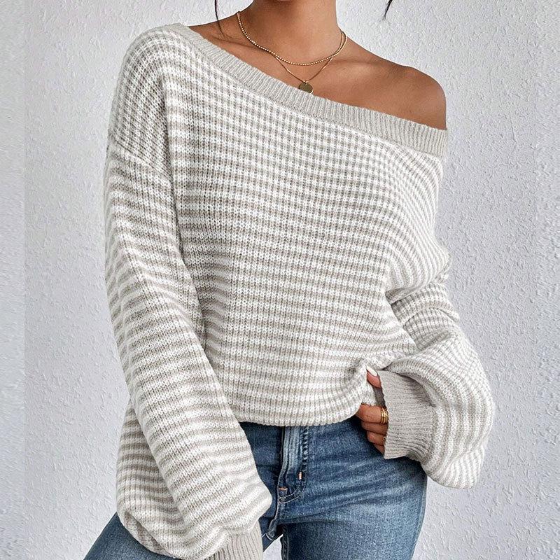 Women's Fall/Winter Loose One-line Shoulder Off-the-shoulder Knit Vintage Lantern Sleeve Striped Sweater