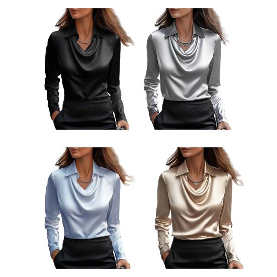 Женская рубашка с лацканами, воротником-качели, длинными рукавами, однотонная, из гладкого сатина