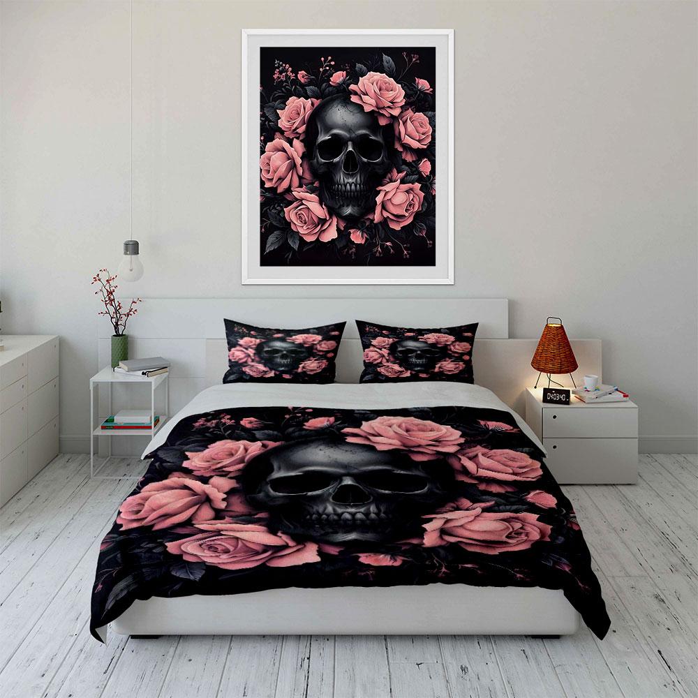 Skull and Pink Roses Design Bedding Duvet Cover Set  (1*Duvet Cover 2*Pillowcases, without duvet insert)