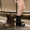 Round head thick heel belt buckle Martin boots women's 2025 autumn European station new lace-up western cowboy knight boots women