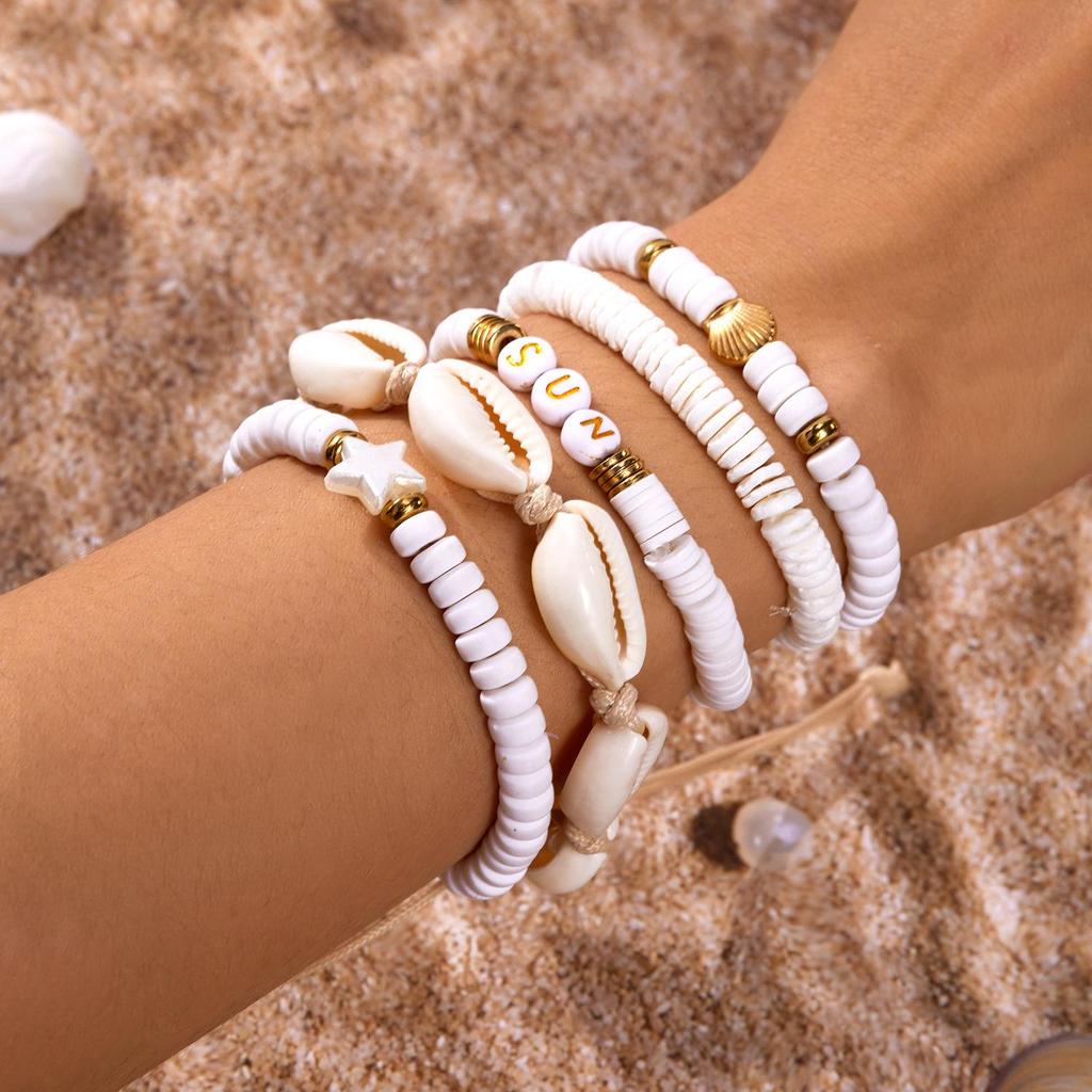 Bohemian Starfish Shell Bracelet Set: Soft Ceramic and Rice Bead Design for Women