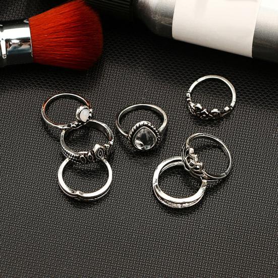 7 Pcs Vintage Women Hollow Carving Lotus Flower Waterdrop Knuckle Midi Rings Set AVE