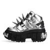 Fashion New Silvery Men Shoes Punk Style Lace-up Heel Height 6CM Platform Shoes Woman Gothic Ankle Rock Boots Metal Decor Woman Sneakers