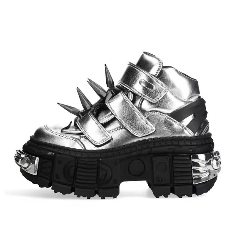 Fashion New Silvery Men Shoes Punk Style Lace-up Heel Height 6CM Platform Shoes Woman Gothic Ankle Rock Boots Metal Decor Woman Sneakers