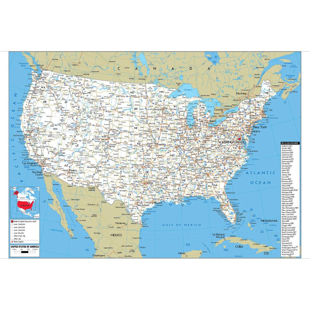 English Map USA Map Road Map,for Classroom,Student Room&Home Decor,Wall Decor,Travel Supplies