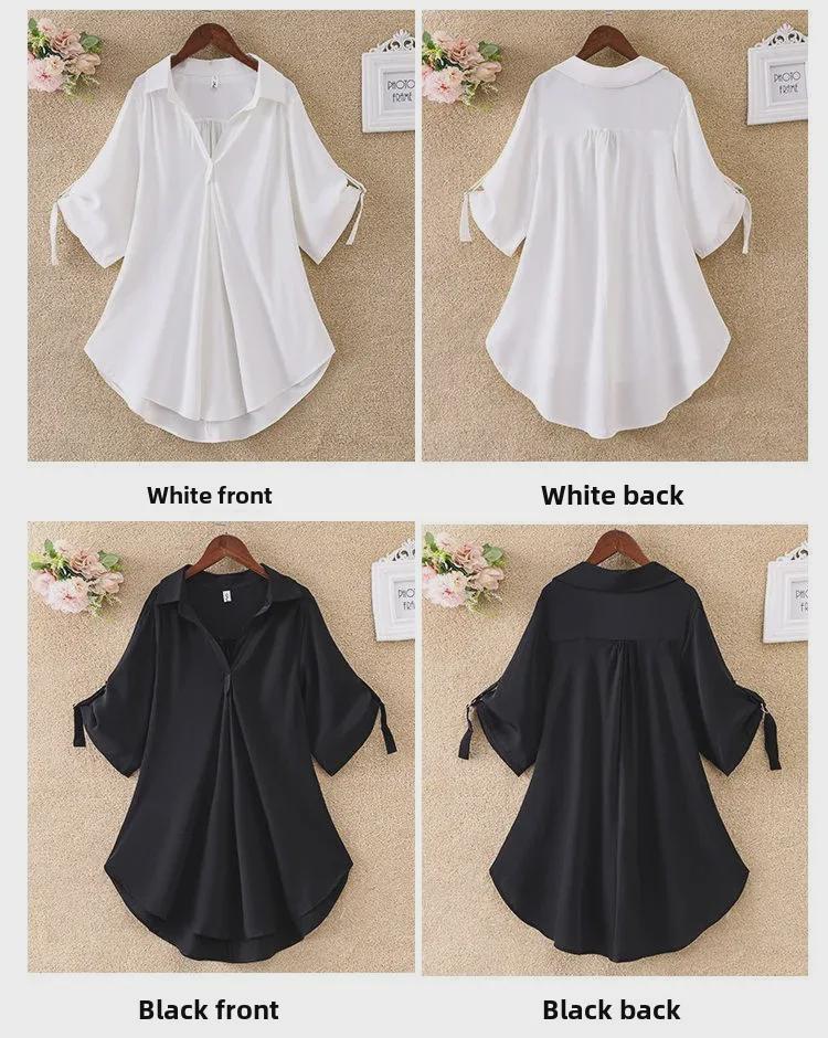 Женское лето 2023 г.: Свободная рубашка из шифона с зауженной талией, средней длины с короткими рукавами, модный большой размер.