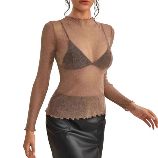 Women Tops Lace Garmented Half-High Neck Long Sleeve T-shirt Solid Color See-through Mesh Yarn Bottoming Tops