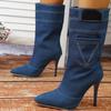 Street Fashion Cowboy Boots for Women 2023 New Pointed Toe Women's Boots Blue Denim High Heels Mid-calf Boots Zapatos De Mujer