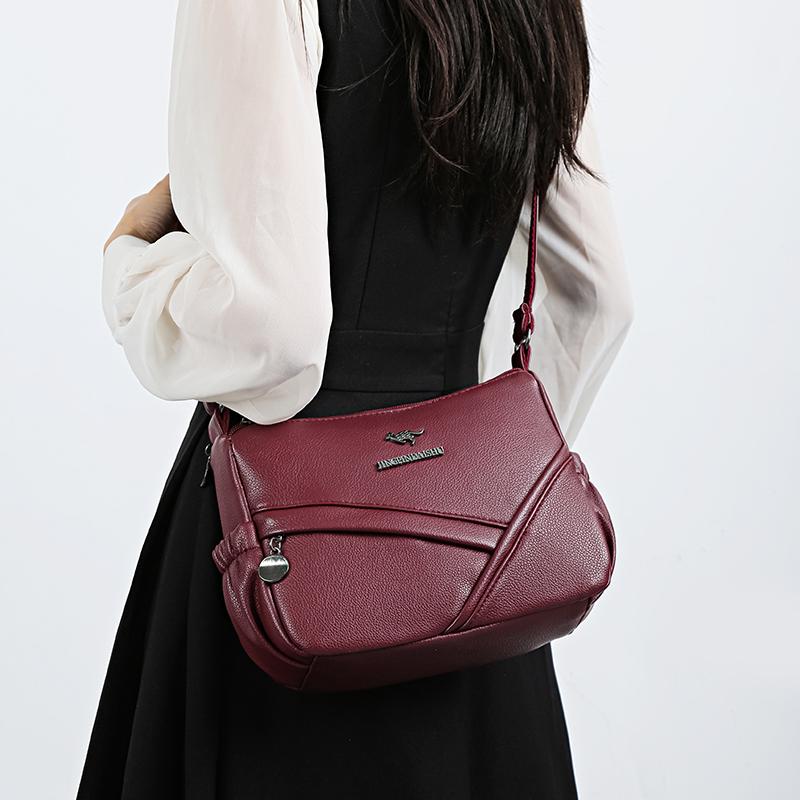 Women's Shoulder Bag Soft Leather Mother's Bag Multi-Layer Large Capacity Crossbody Bag Small Square Bag Mobile Phone Bag