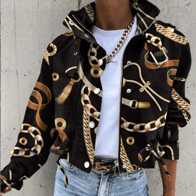 Winter Women Jackets Vintage Print Long Sleeve Button Coat Geometric Autumn Tops Ladies Leisure Outerwear Short
