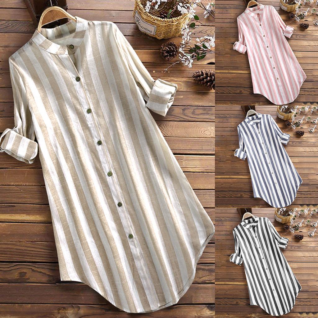 Spring Women's Fashion Striped Long-sleeved Women's Shirt Casual Plus Size Cotton and Linen Women's Shirt