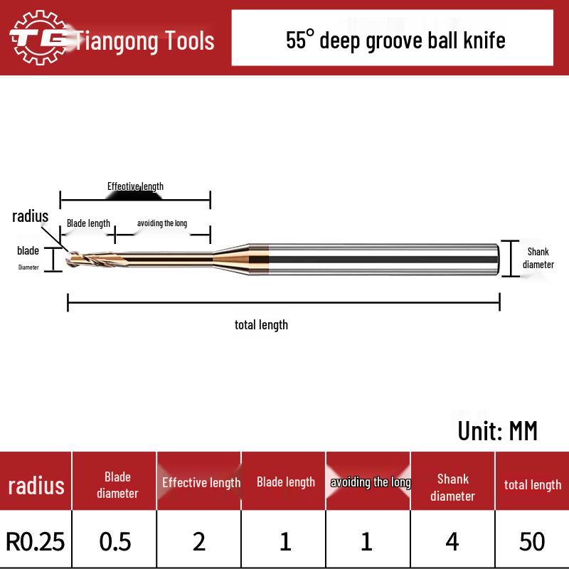 Tiangong Вольфрамовая сталь R0.5 Концевая фреза со сферическим концом 0.75 Сплавная шейка, 2 режущие кромки, 55° с покрытием, Удлиненная для глубоких пазов 1, 1.25