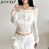Women's Fall/Winter Solid-Color Long-Sleeve Off-Shoulder Mesh Sheer Top