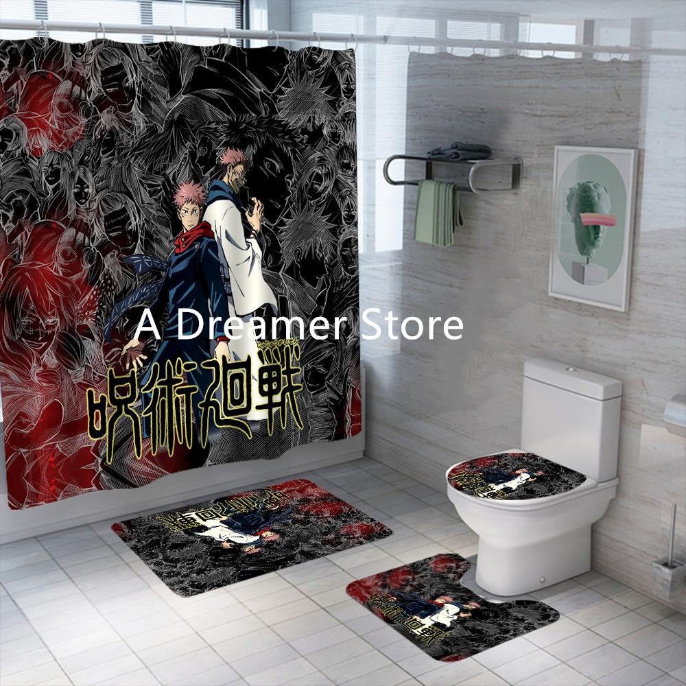 New Anime Jujutsu Kaisen Shower Curtain Set 4Piece Waterproof Polyester Bathroom Curtains For Adults Boys Decor Bath Mats Rugs