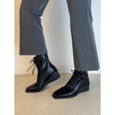 Версия из коровьей кожи~ Тонкие ботильоны на танкетке, в британском стиле, ботинки Мартина, женские, с толстой подошвой, ретро, на шнуровке, эластичные короткие ботинки