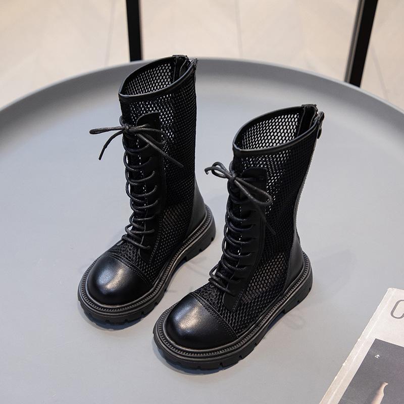 Детская летняя обувь для девочек, модные сандалии, высокие сетчатые ботинки, дышащие сетчатые шнурки, украшение с вырезом на молнии, стиль Ins