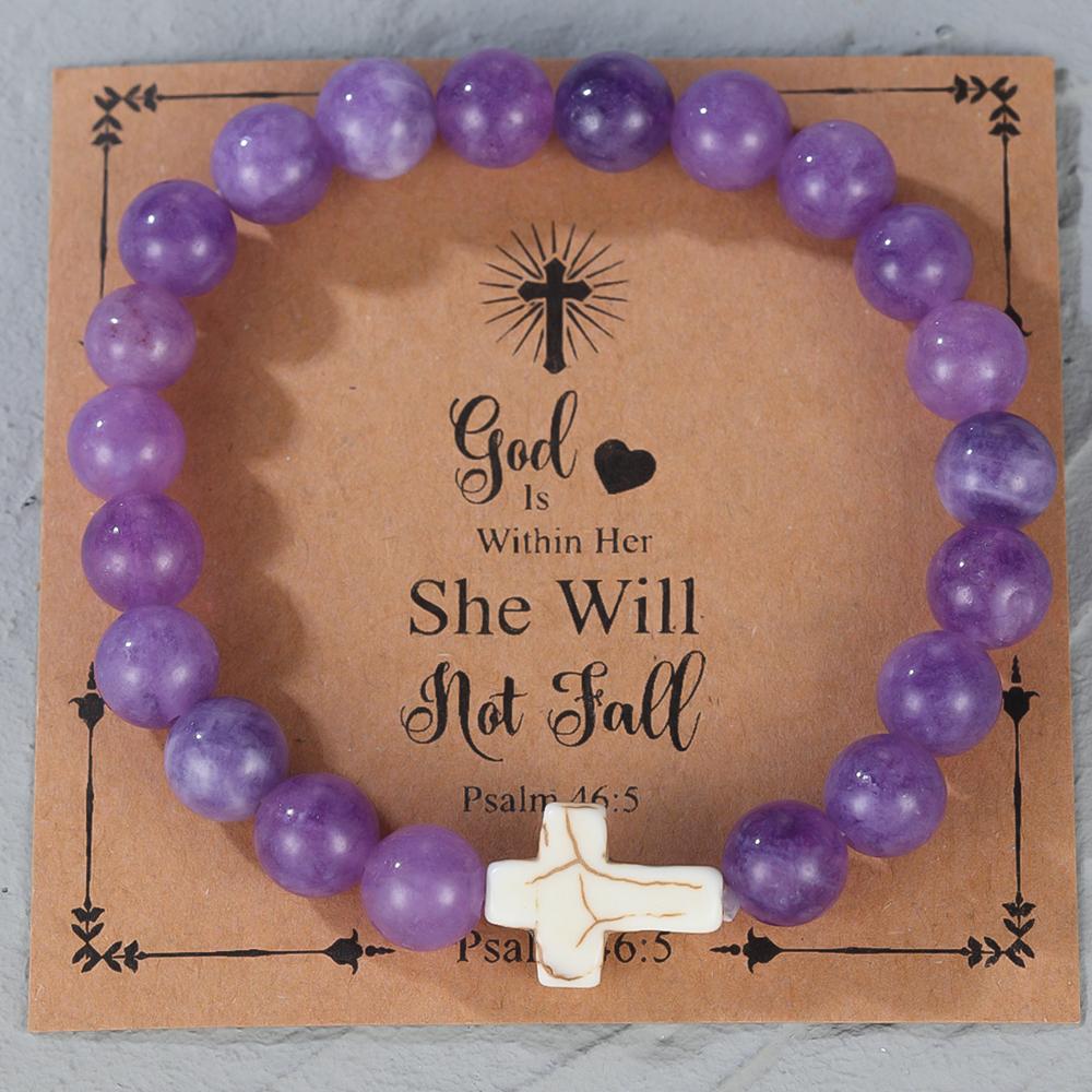 Религиозный крестовый браслет для женщин и мужчин, натуральный камень, эластичный браслет из бисера, молитвенный браслет с карточкой