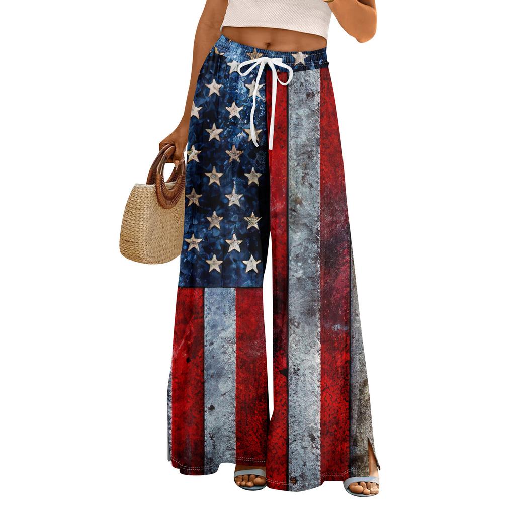 Женские летние брюки-палаццо в стиле бохо с высокой талией, широкие повседневные брюки с принтом и карманами