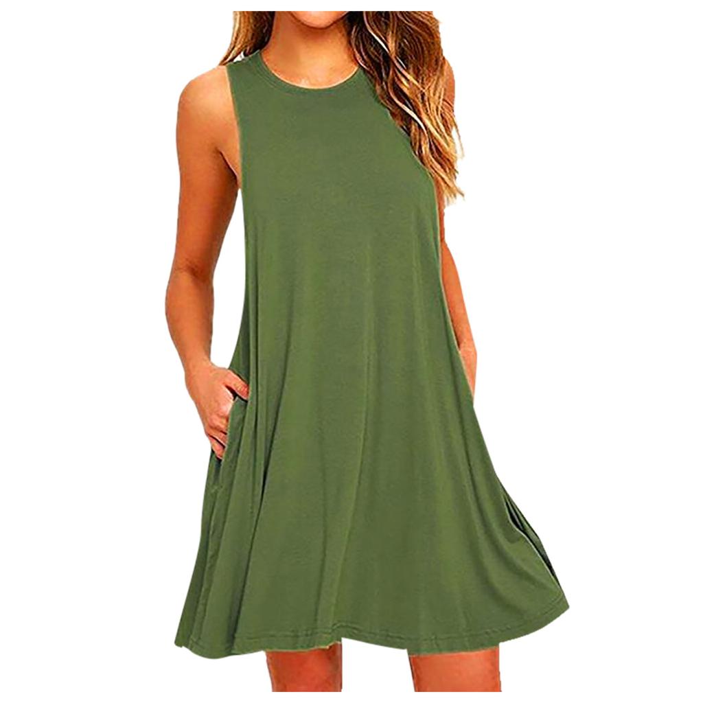 Women  Casual Pockets Sleeveless Above Knee Dress Loose Party Dress