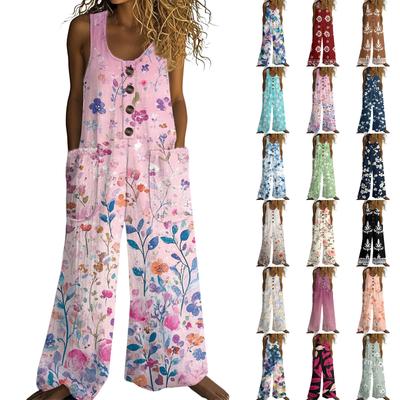 Женский модный повседневный комбинезон без рукавов на пуговицах с винтажным цветочным принтом, хлопковый комбинезон с карманами