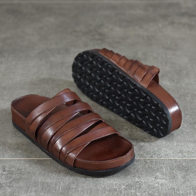 Johnature Retro Roman Slippers Women's Flat Bottom Genuine Leather Versatile Outgoing Slippers