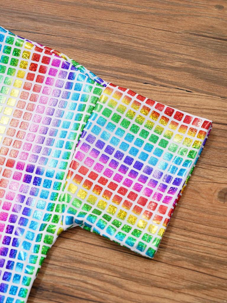 Мальчики Девочки Блестящая Клетчатая Футболка Унисекс Детские Футболки с Коротким Рукавом Топы Чирлидинг Уличные Танцы Хор Сценическое Выступление