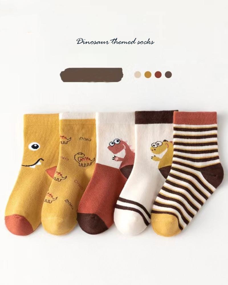 5Pairs Girl Mid-tube Socks Autumn Winter New Style Children's Socks Mid-high Long Dinosaur Cartoon Design Boys Girls 1-14Years