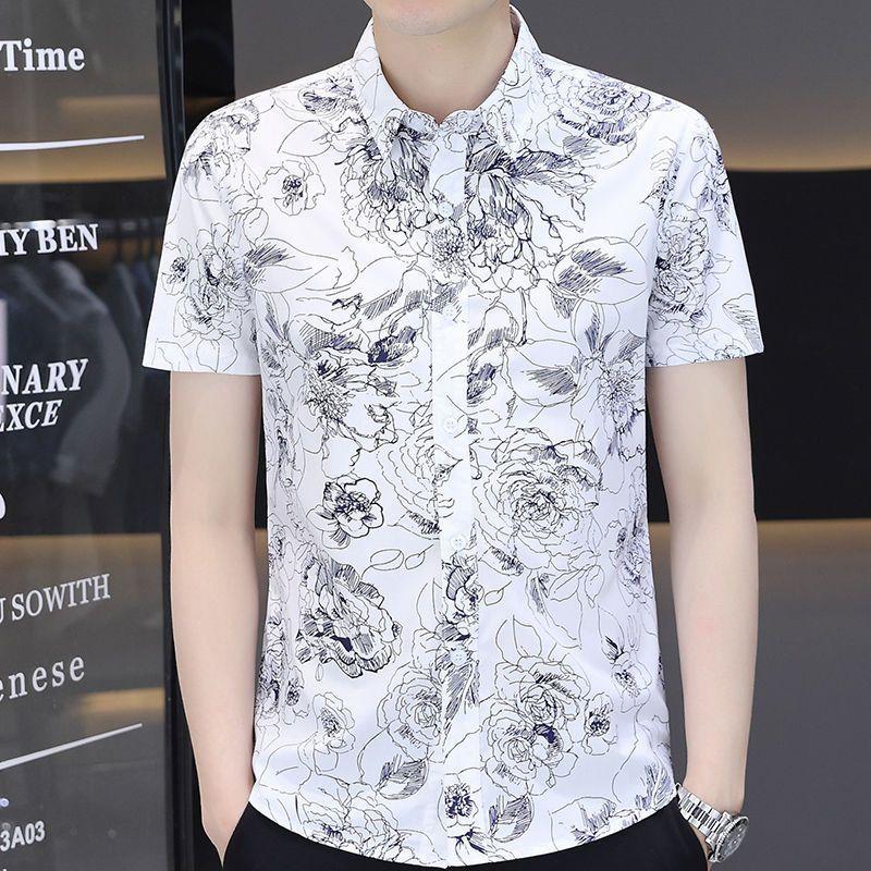 Printed Short-sleeved Shirt Men's Summer Trend Handsome Ice Silk Shirt Casual Handsome Summer Fashion Men's Inch Clothes