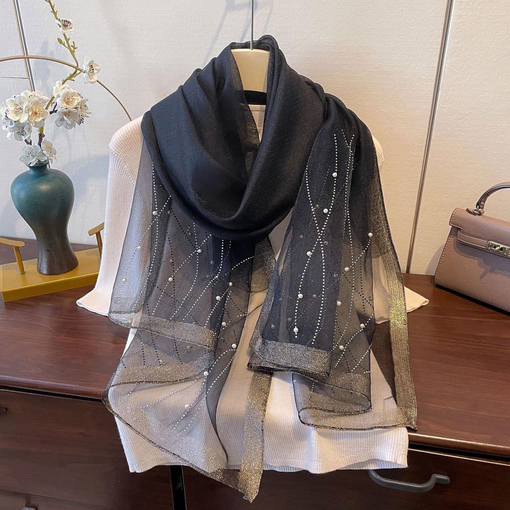 New Fashion and Versatile Solid Color Ethnic Style Veil Scarf Scarf for Women Wavy Pattern Artificial Diamond Iron Scarf for Women