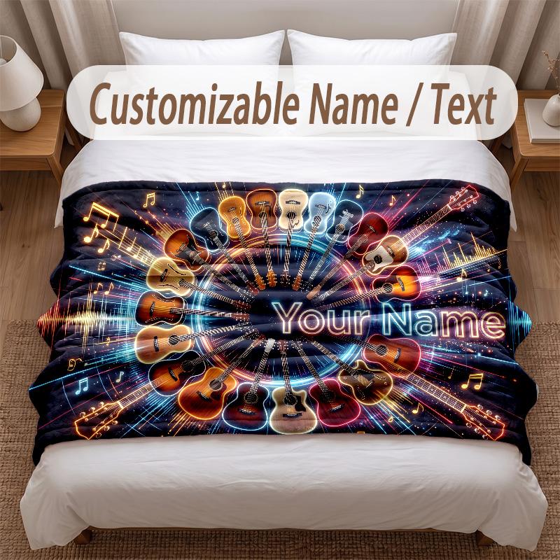 Music Guitar Theme Soft Blanket Personalized Custom Name Text Print Warm Blanket Home Sofa Bedroom Decor