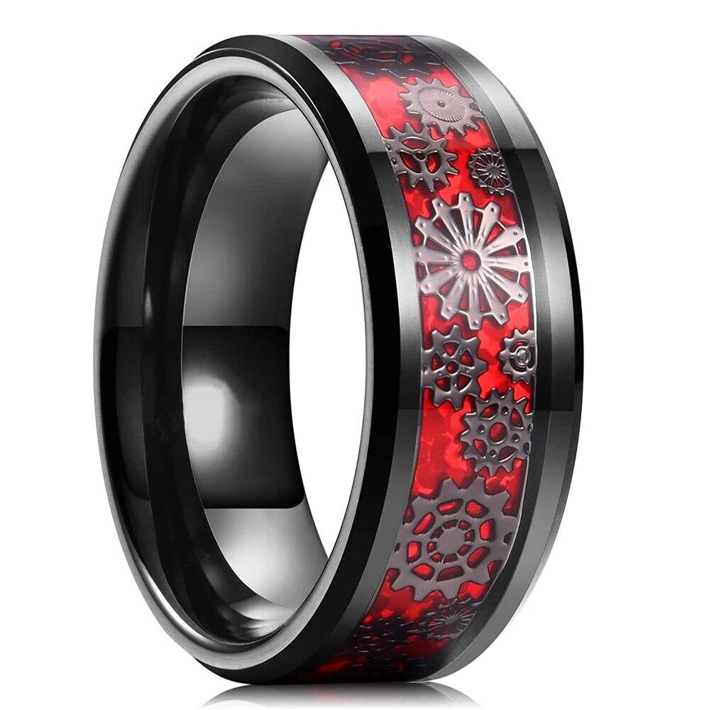 Fashion Men's 8mm Gold Color Groove Beveled Edge Tungsten Wedding Carbon Fiber Ring Punk Gear Wheel Stainless Steel Ring For Men