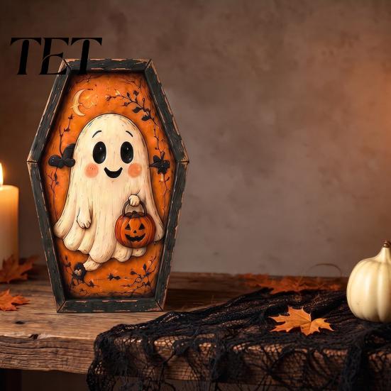 Pumpkin Desktop Signs Vintage Halloween Wooden Table Decoration, Rustic Black Cat Ghost Skeleton Distressed Wood Decorations Block Sign for Farmhouse