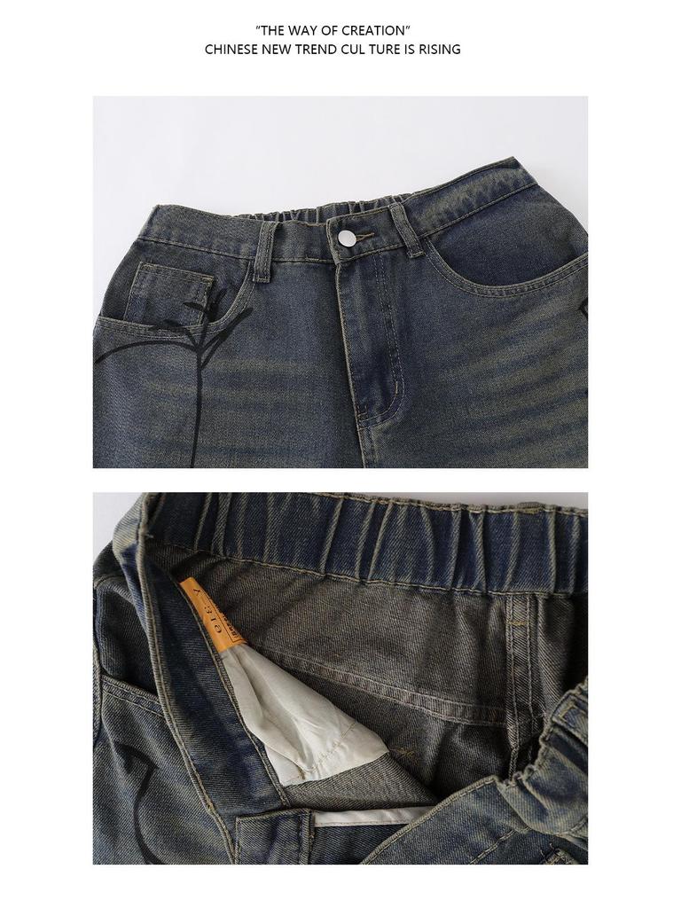 Men's Retro Distressed Hand-Painted Spider Denim Shorts - Loose Fit, Blue, Summer Straight-Leg Style