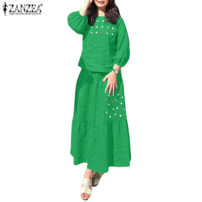ZANZEA Women 3/4 Sleeve Blouse and Long Skirts Casual Two Piece Suit Sets