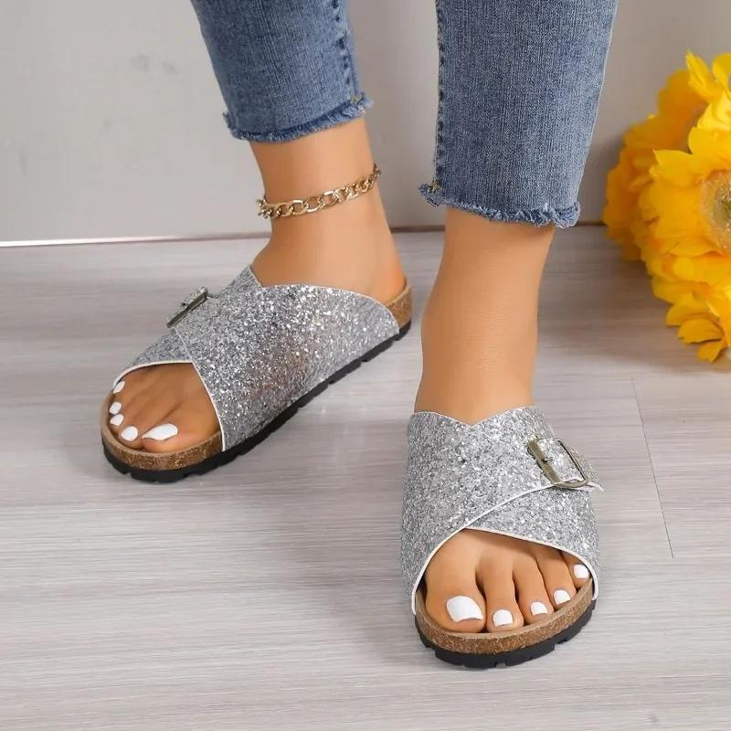 2024 Women's Fashion Flat Sandals Summer New Style Round Toe Cross Buckle Breathable Sequins Soft Bottom Anti-Slip Drag