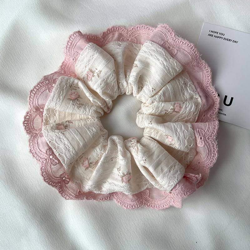 French Sweet Lace Trim Fabric Scrunchies Ponytail Holder Hair Ties Flower Elastic Hair Rope For Women Girls Hair Accessories