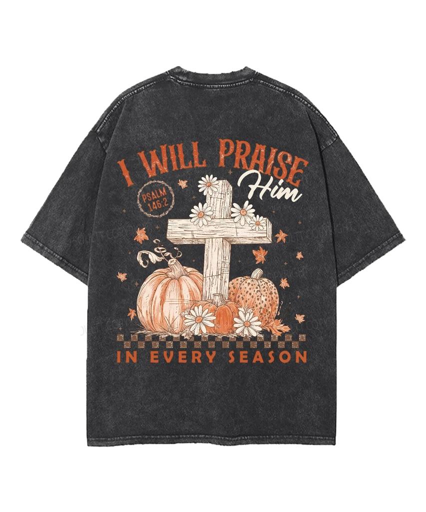 Vintage Washed Cross Pumpkin Graphic T-Shirt, I Will Praise Him In Every Season Psalm 146:2 Religious Inspirational Unisex Tee