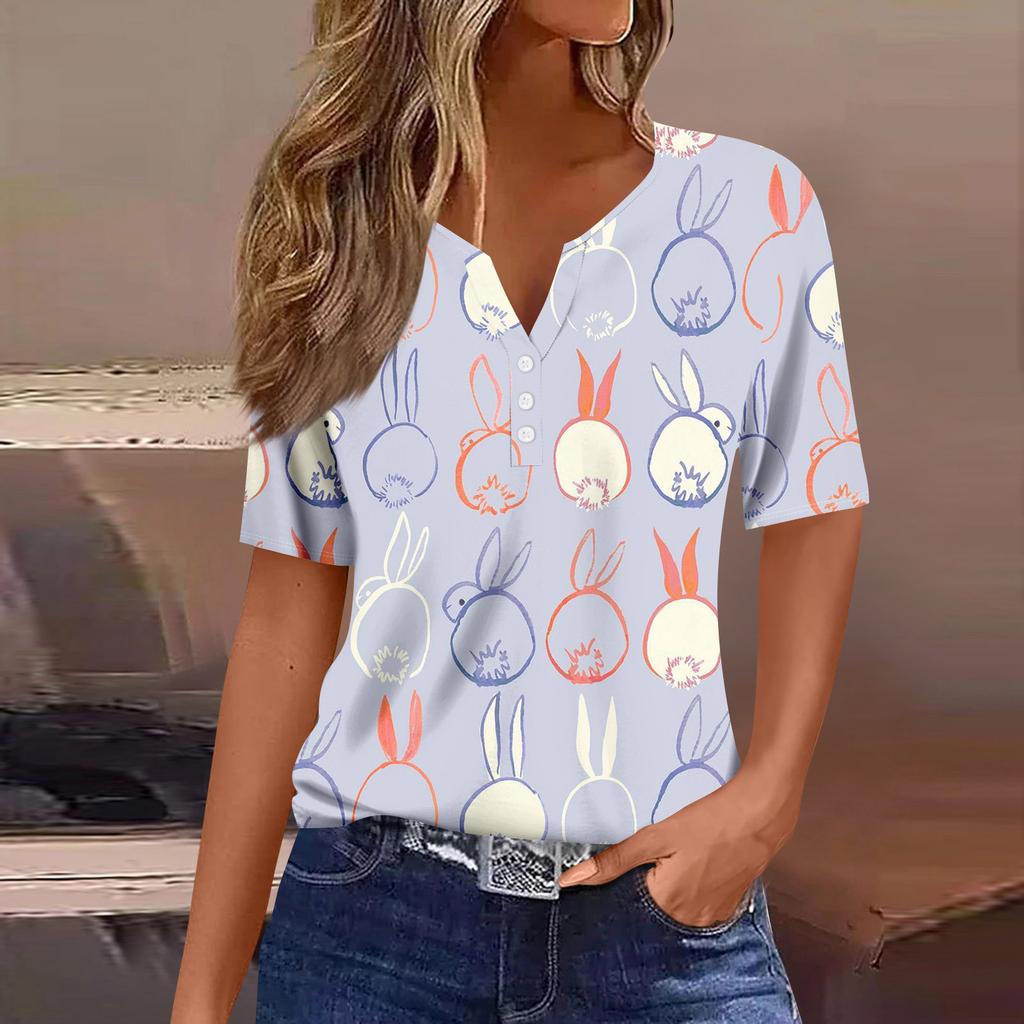 Women's Casual Print V-Neck Short Sleeve Decorative Button T-Shirt Top