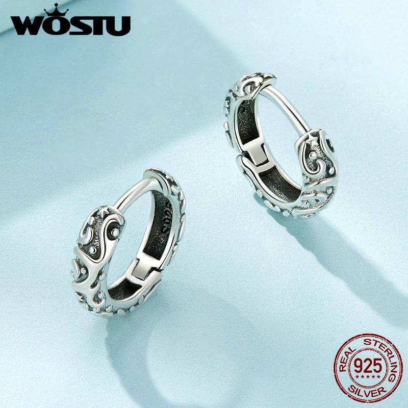 WOSTU 925 Sterling Silver Vintage Pattern Hoop Earrings Women Classicial Round Wedding Party Earring Pendientes Anniversary Gift