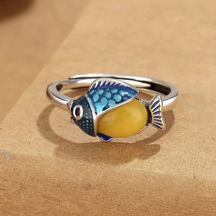Sterling Silver Fish Shaped Ring Enamel Inlay Adjustable Band Unique Design Lightweight Jewelry Accessory