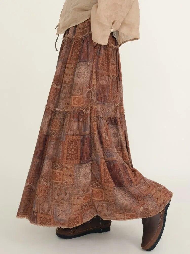 Johnature Women Vintage Print Floral Cotton Skirts Elastic Waist Patchwork Clothes Autumn High Quality Women Skirts